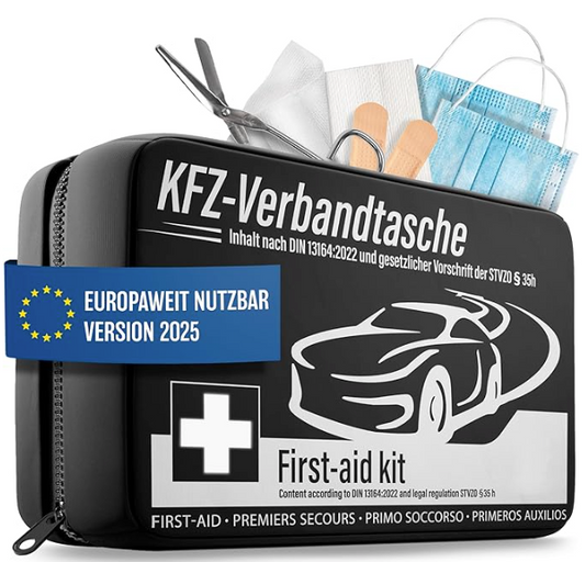 HELDENWERK - Verbandtas & EHBO-kit Auto - DIN 13164:2022 Norm - Compact - Zwart Waterafstotend Nylon - Inclusief Mondkapjes & Reddingsdeken - Voor Auto, Motor & Vrachtwagen - Verplicht in Europa
