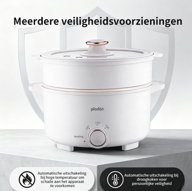 Plodon Elektrische Hotpot 2,4L - Antiaanbaklaag - 27 x 22 cm - Met Stoommandje