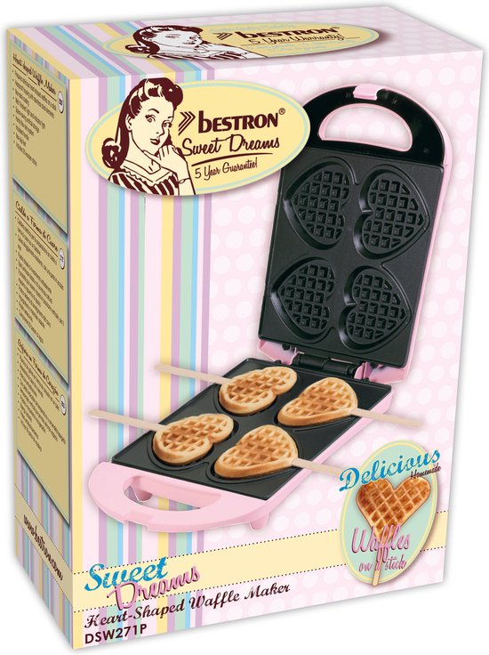 Bestron Wafelijzer - DSW271P - 1400W - 4 mini hartvormige wafels - Incl.20 houten stokjes - Roze
