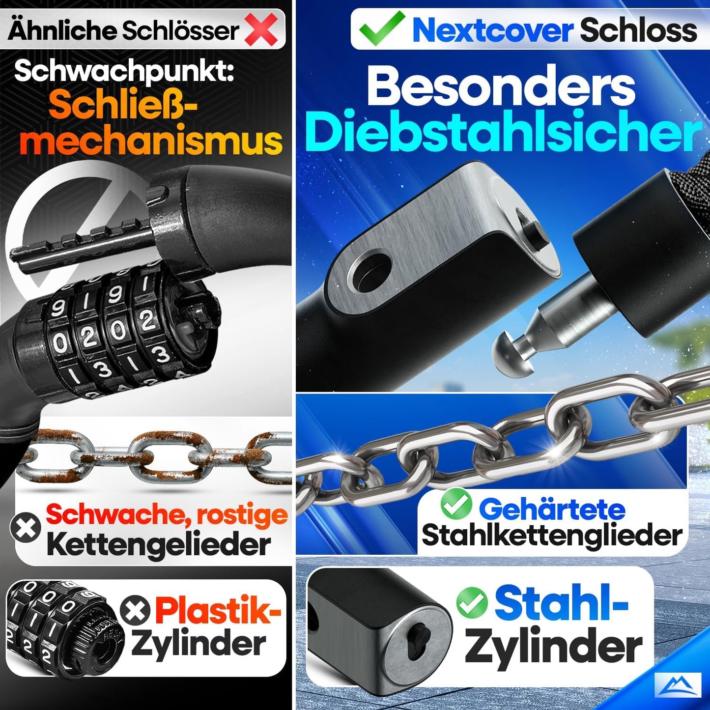 NEXTCOVER® Fietsslot LockOne met sleutel I - [VEILIG] Fietsslot hoge veiligheid I robuust & duurzaam kettingslot fiets I Fietsslot, fietsslot 3 sleutels