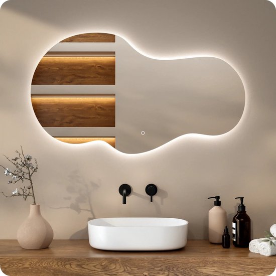 Mirlux Badkamerspiegel met LED Verlichting & Verwarming – Wandspiegel Asymmetrisch – Anti Condens Douchespiegel - Frameloos - 120x70 cm