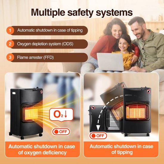 Gasverwarming 4,2 KW gaskachel opvouwbare gaskachel inclusief oververhittingsbeveiliging en kantelbeveiliging, piëzo-ontsteker, 306 g/h gasverbruik