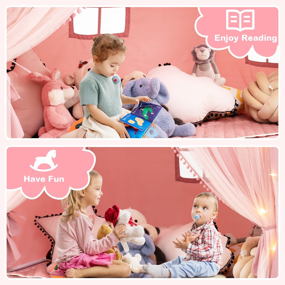 Coast Kinderspeeltent - met gordijnen en sterrenverlichting - grote speelhuis tent - roze