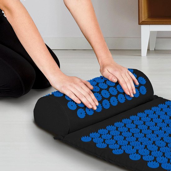 LifeGoods Acupressuur Mat met Kussen - Shakti mat - Spijkermat Incl. 2x Triggerpoint Bal - 60x40x2cm - Zwart/Blauw