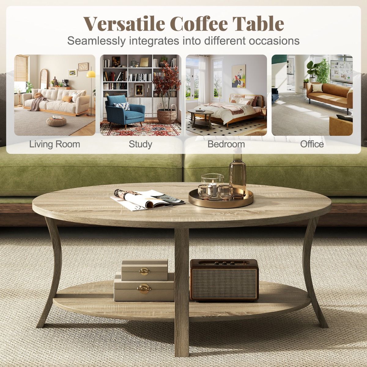 Coast Ovale Salontafel - 2-laags met opbergruimte - rubberhout en eikenlook - grijs - 111 x 60,5 x 47 cm