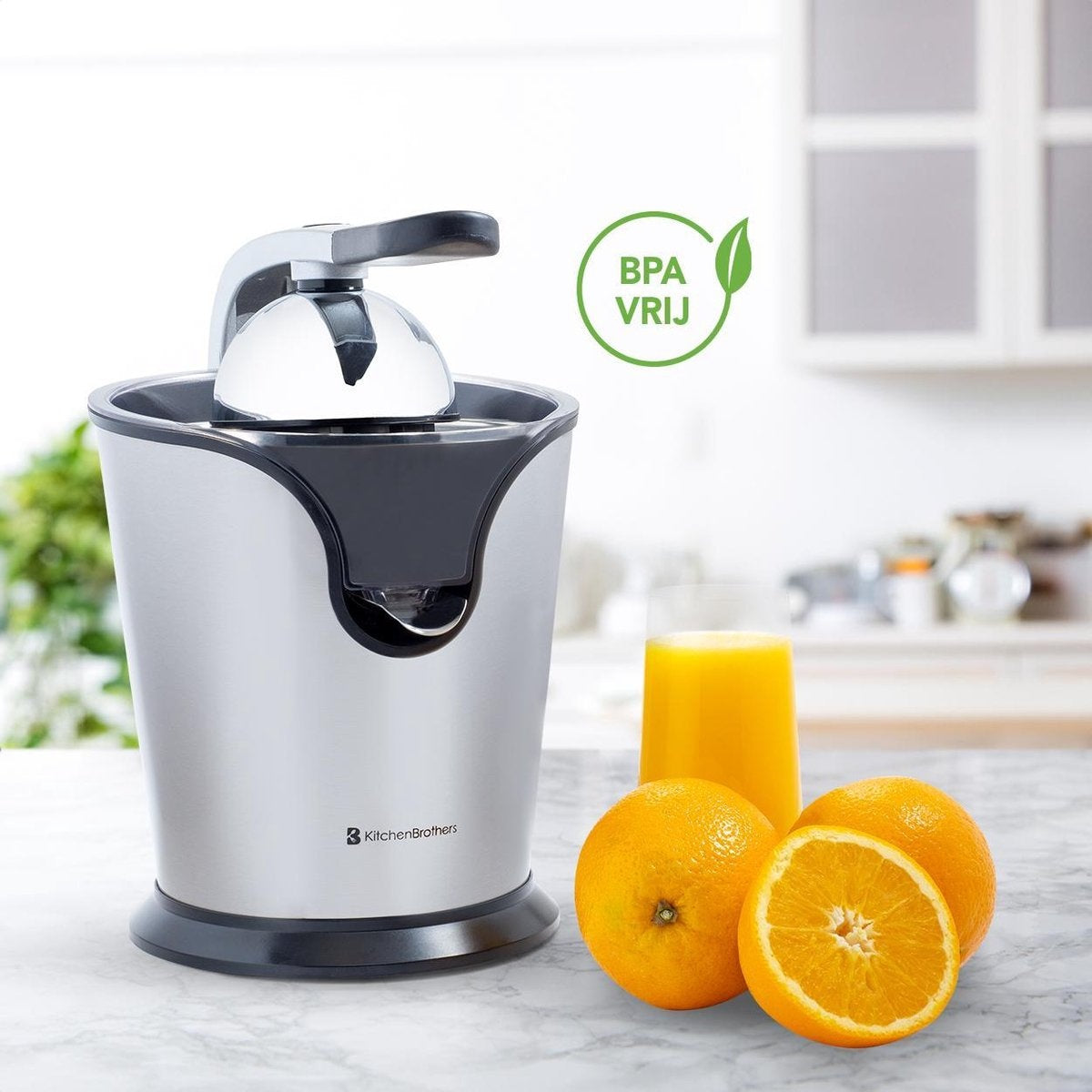 KitchenBrothers Citruspers - Elektrische Sinaasappelpers en Citroenpers met Pershendel - RVS - Zwart