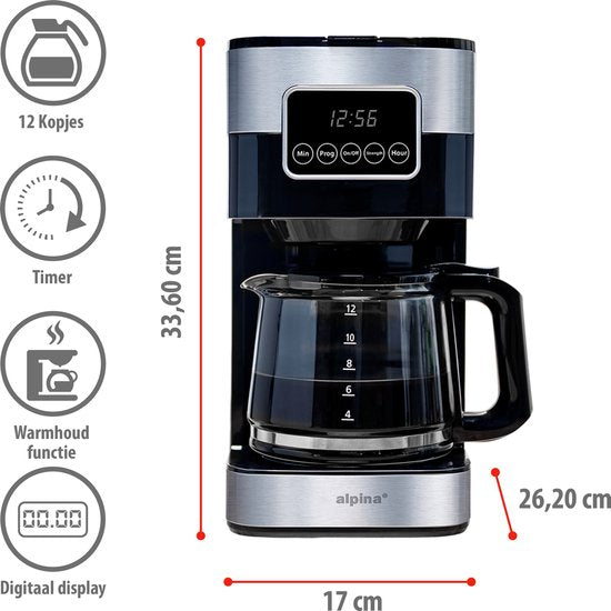 alpina Koffiezetapparaat met Filterkoffie - 900W - 1.5 L - Grijs/Zwart