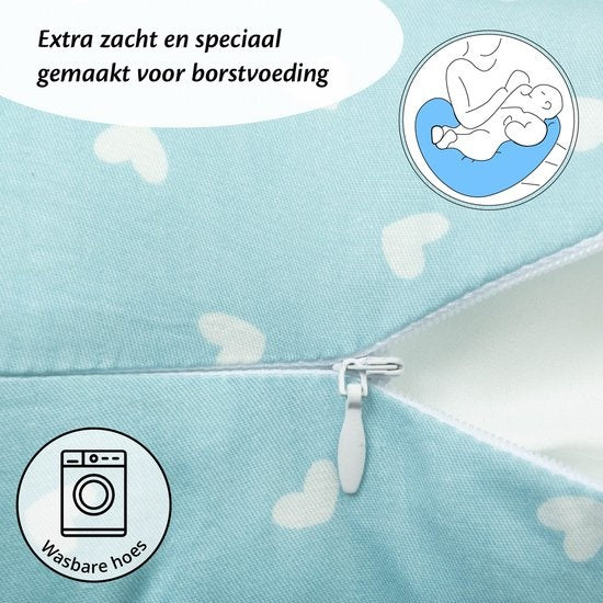 EL-Life Voedingskussen – Zwangerschapskussen – 100% Katoen – Afneembare Wasbare Hoes – Blauw met Witte Hartjes