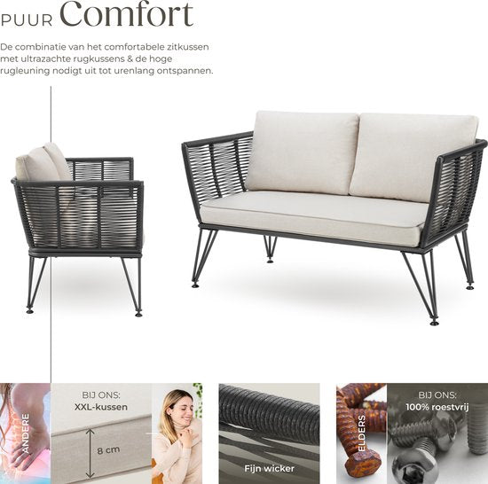 tectake® Wicker loungebank - Compacte tuinbank met dikke kussens - Ideaal voor balkon, tuin of terras - Stijlvolle en comfortabele loungebank voor buiten - Rope-design