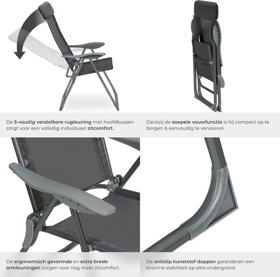 tectake®- Set van 4 Tuinstoelen met Hoge Rugleuning - Aluminium - Klapstoel 5-voudig Verstelbaar met Armleuningen - Fauteuil met Ligfunctie - Tuinmeubelen voor Terras en Camping - Antraciet