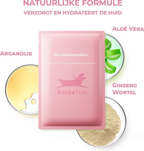 RelaxTub® Gezichtsmasker - 4 Stuks - Gezichtsmaskers Verzorging - Gezichtsmasker Hydraterend - Gezichtsverzorging Dames - Gezichtsmaskers Verzorging Meisjes - Bevat Vitamine C, Argan Olie, Aloë Vera, Ginseng Wortel - Dierproefvrij - 100% Natuurlijk