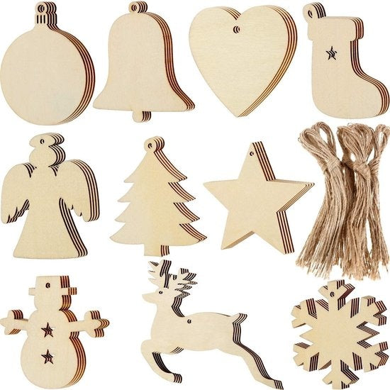 Giftmas Houten Kerstballen – Kerstversiering voor Binnen – Kerstbal van Hout – Kerst – 10 Vormen - ⌀7,5cm – 50 Stuks