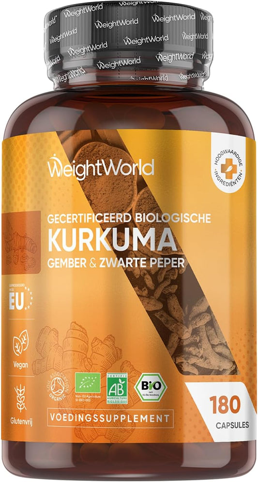 WeightWorld Biologische Kurkuma Capsules 1520 mg – Met Gember & Zwarte Peper – 180 Vegan Capsules – 3 Maanden