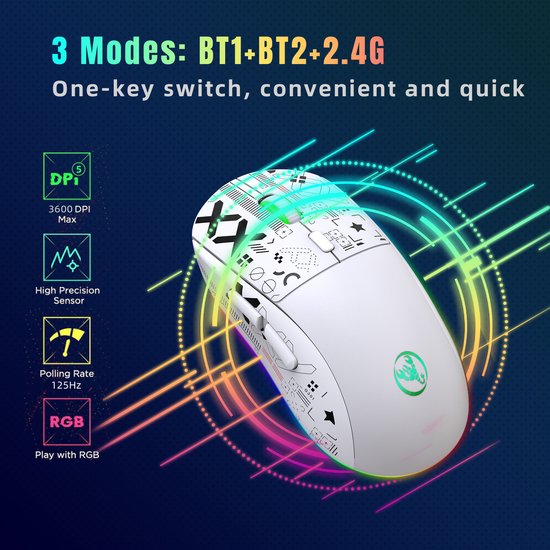 HXSJ T90 2.4G Stille Draadloze Gaming Muis - Bluetooth - Computermuizen - Ultra licht - RGB Verlichting - Wit