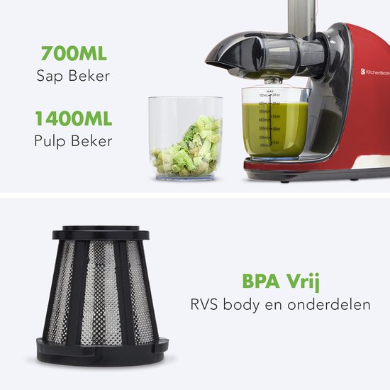 KitchenBrothers Slowjuicer - Sapcentrifuge - Groenten en Fruitpers - 700ml - Met Pulpreservoir - Juicer - Moederdag Cadeau - Rood