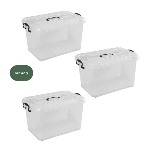 BRASQ Opbergbox Set van 3 – 70 Liter – 62,5x45x38,5 cm – Transparant met Zwarte Handvatten en Wieltjes