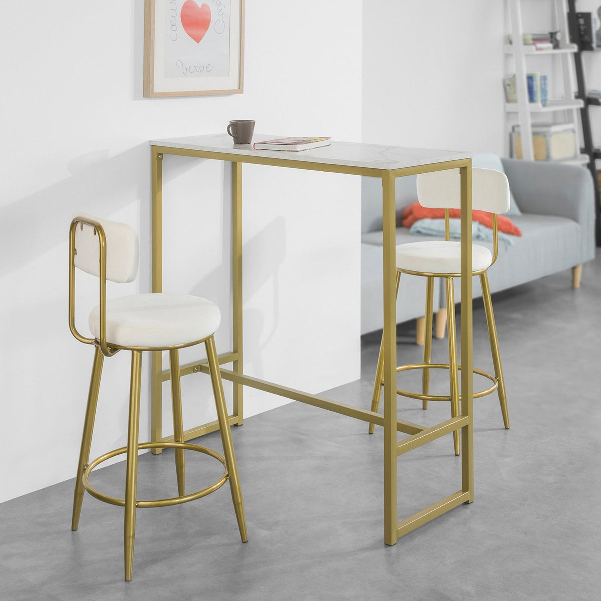 SoBuy Bartafel hoog - Max. 50 kg - Marmer Effect - 100 x 40 x 106 cm - Wit / Goud