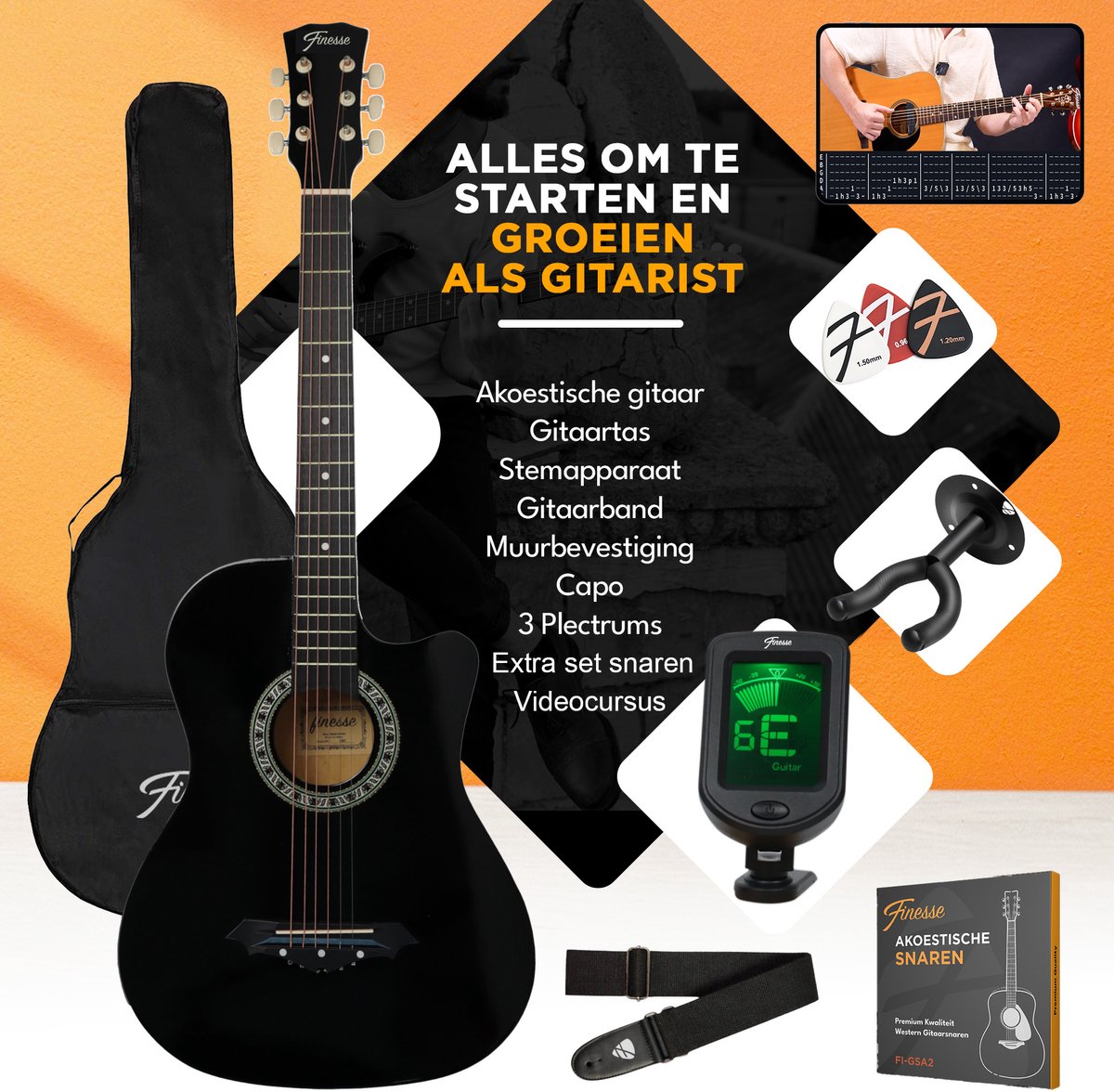 Finesse Akoestische gitaar starterset - 38 inch - Met accessoires en videocursus - Zwart