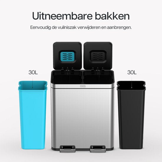 Deleca Recycle Prullenbak met 2 Vakken - 60 Liter (2x30) Afvalbak - Afvalscheiding / Statiegeld container / Pedaalemmer - Vuilnisbak met FreshAura Geurbestrijding - Slow Close - RVS Zilver