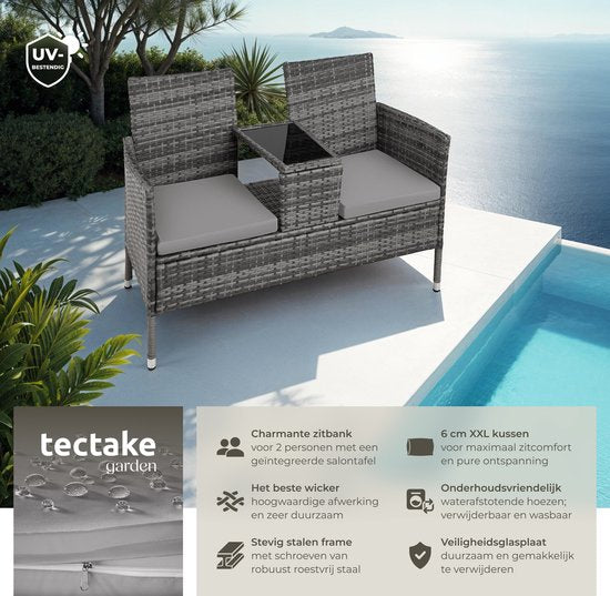 tectake® - wicker tuinbank met tafel, 2-zitsbank, 131 x 61 x 82 cm, bank voor tuinbalkon en terras, tuinbank inclusief zitkussen - grijs/lichtgrijs - poly-rattan