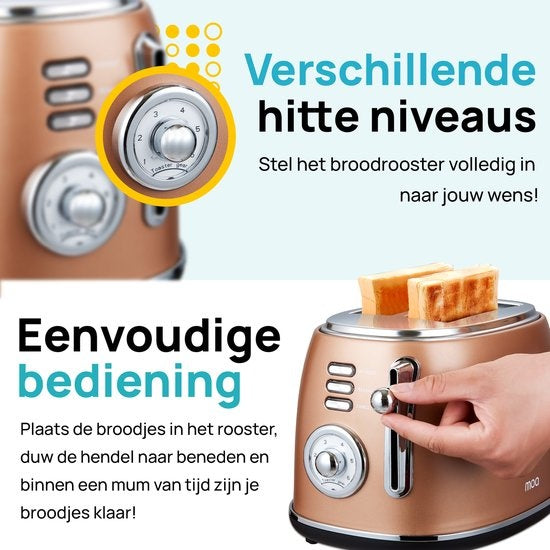 MOA Retro Broodrooster - 6 Warmteniveaus - 2 Extra Brede Sleuven - 850W - Reheat en Ontdooi-functie - Zwart - T3C