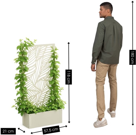 Mica Decorations Sapri Plantensteun - Plantenbak met Klimrek voor Klimplanten - Plantenstandaard Vrijstaand of tegen Muur - 57,5 x 21 x 118 cm - Off White