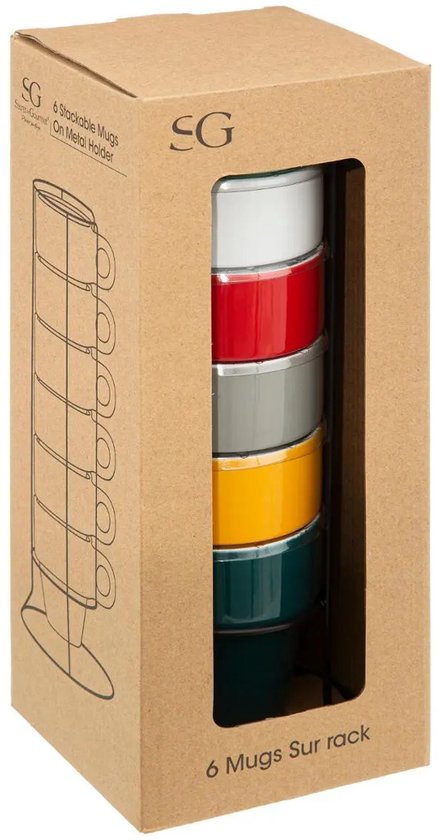 Secret de Gourmet Koffie mokken/bekers Colorama - 6x stuks in metalen rekje - Keramiek - glans afwerking - 260 ml - 8 x 9 cm
