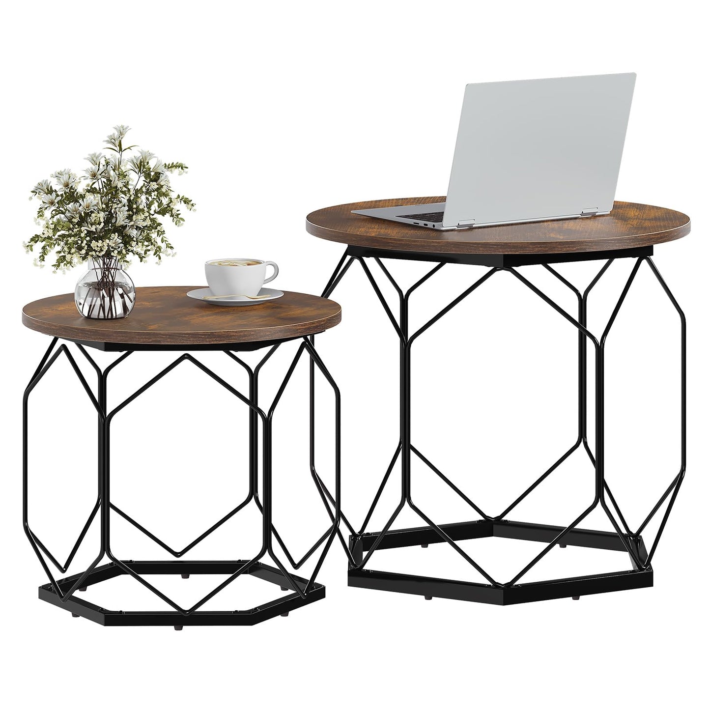 Woltu Salontafelset - 2-delig - Rond - Houtnerf Bruin/Zwart