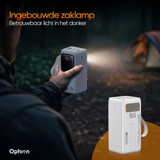 Ophion® Powerbank PRO 50.000 mAh – 7 Oplaadpoorten – Quick charge - Snellader 22.5 W voor USB-C, USB-A, Micro-USB - Inclusief Kabel – Noodpakket - Wit