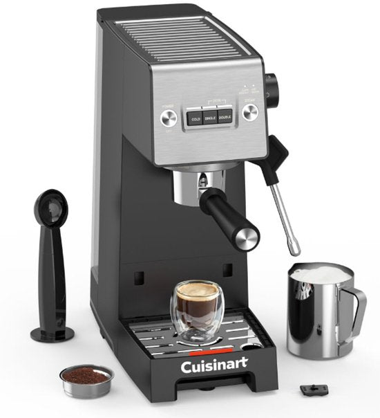 Cuisinart Slim Espresso Pistonmachine voor Espresso Americano en Cold Brew met Geïntegreerde melkopschuimer voor Latte en Cappuccino 15 bar druk bodemloze portafilter Compact design geschikt voor reismokken 1.5L waterreservoir