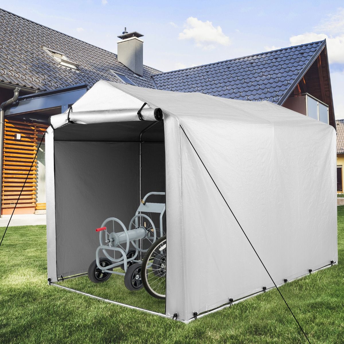 Coast 160 x 218 x 164 cm Grijze Buiten Fietsenstalling en Draagbare Garage met Oprolbare Ritsdeur