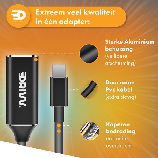Drivv. USB C naar HDMI Adapter - Ondersteunt 4K 30Hz - Converter - Type C naar HDMI - Thunderbolt 3 - Zwart
