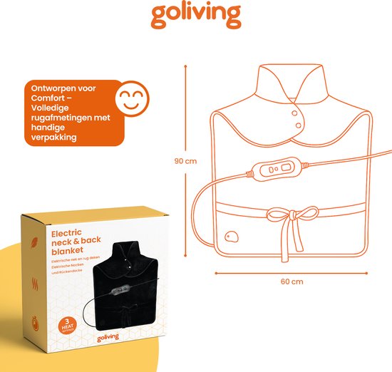 Goliving Elektrische Deken Voor Rug en Nek - Elektrische Warmtedeken - 3 Warmtestanden - Timerfunctie - Machinewasbaar - 100 Watt - 60 x 90 cm - Micro Pluche - Zwart