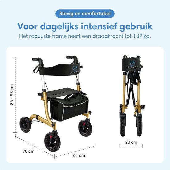 Safe Life® Rollator lichtgewicht en opvouwbaar - zitfunctie - voor binnen en buiten - Rugleuning en wandelstok houder - Goud