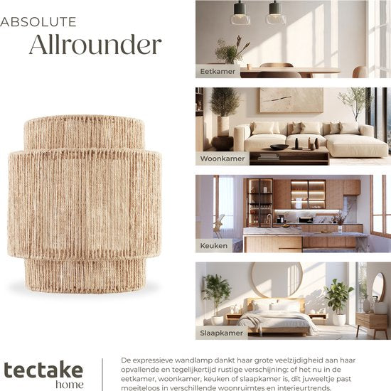 tectake® Wandlamp Lignea Lux - 40W - 12 x 23 x 25,5 cm - E14 - Muurlamp voor Woonkamer, Slaapkamer, Eetkamer - Jute Lamp in Boho Stijl - Trapverlichting - Halfrond