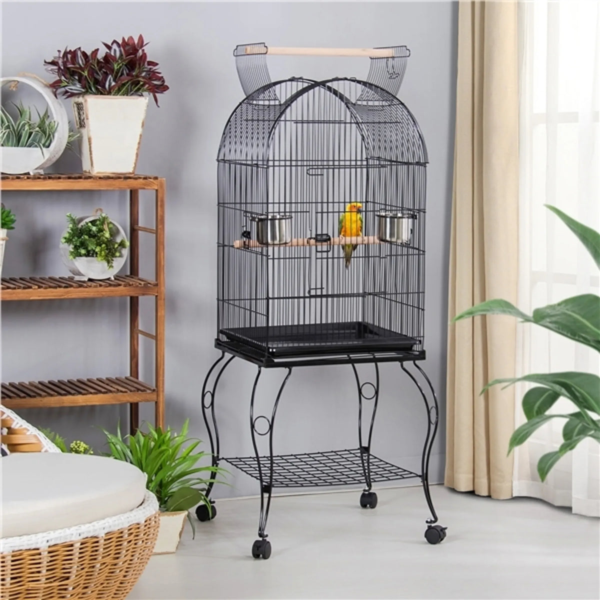Yaheetech Vogelkooi - Parkieten en Papegaaien - 59,5x59,5x150 cm - Verrijdbaar - Afneembare Standaard - Zitstokken - Zwart