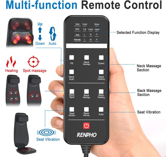 RENPHO Shiatsu massagekussen - Volledige rug- en nekmassage – Met warmte en vibratie – Instelbare zones en intensiteit – Automatische hoogteherkenning – Geschikt voor elke stoel – Ideaal voor thuis of op kantoor