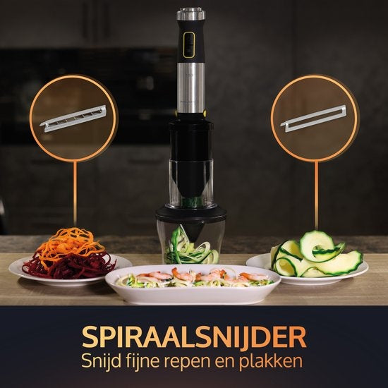 JAP Appliances ForceBlend F3 - 7in1 Staafmixer set (1500W) - Inclusief foodprocessor, maatbeker, spiraalsnijder, garde en klopper - Voor soep, vlees, smoothies en baby hapjes - Zwart/RVS