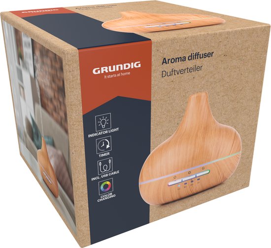 Grundig Aroma Diffuser Luchtbevochtiger 300ml- Elektrische Geurverspreider Met LED Verlichting en Timer - Aromatherapie Met Etherische Oliën - Draadloze Geur Verspreider - Bamboe