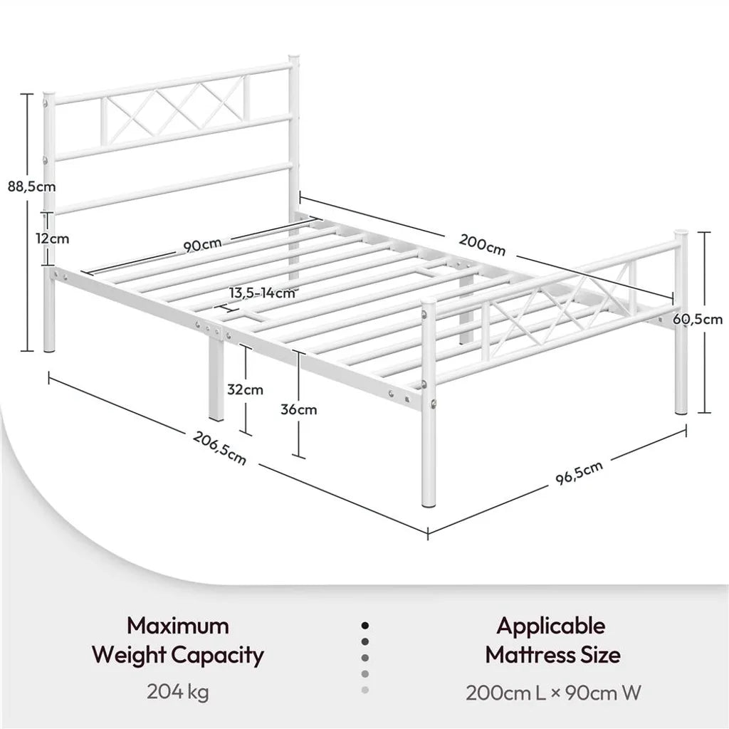 Yaheetech Bedframe 90 × 200 cm – Wit Metaal – Eenpersoonsbed met X-Design Hoofdbord, Lattenbodem en 32 cm Opbergruimte