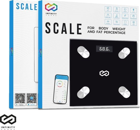 Infinity Goods Digitale Personenweegschaal met App - Smart Scale - Slimme Weegschaal Met Lichaamsanalyse - Zwart