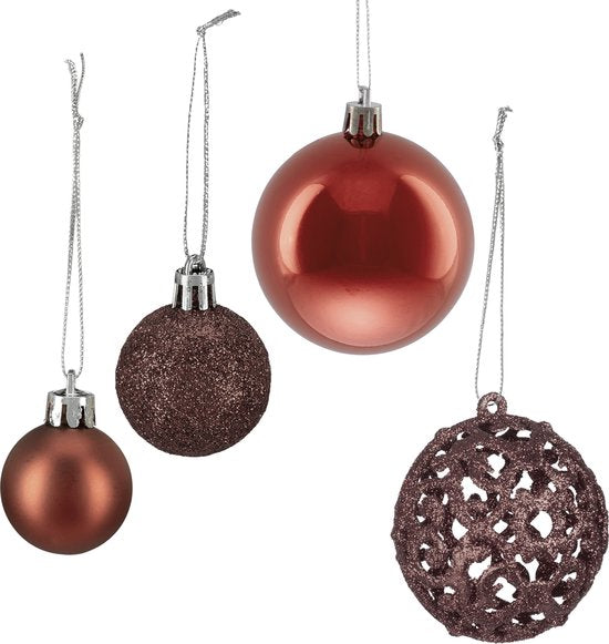 kerstballen - set van 50 - onbreekbaar - plastic - ∅ 3, 4 & 6 cm - bruin