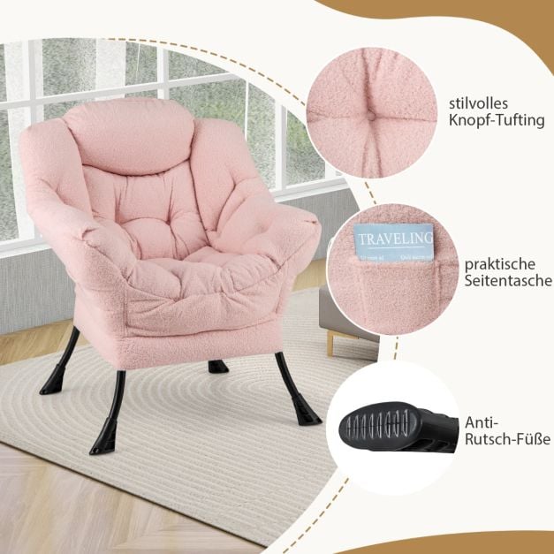Coast Roze Loungestoel met Armleuningen, Hoofdkussen & Zijvak – Relaxfauteuil met Optionele Voetenbank – Sherpa – Roze
