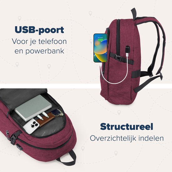 TRVLMORE Rugzak met Levenslange - Rugtas met 15,6 Inch Laptopvak - Schooltas - Spatwaterdicht - Heren en Dames - Jongens en Meisjes - 25L - Burgundy