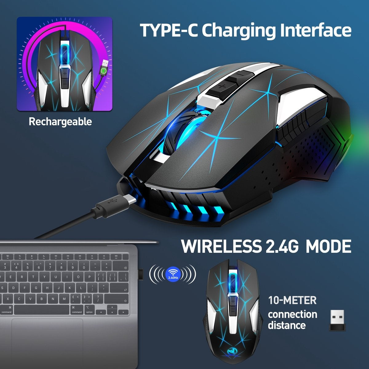 HXSJ T300 2.4G Draadloze Gaming Muis - Computermuizen - Ultra licht - Compact Voor Onderweg - RGB Verlichting - Zwart