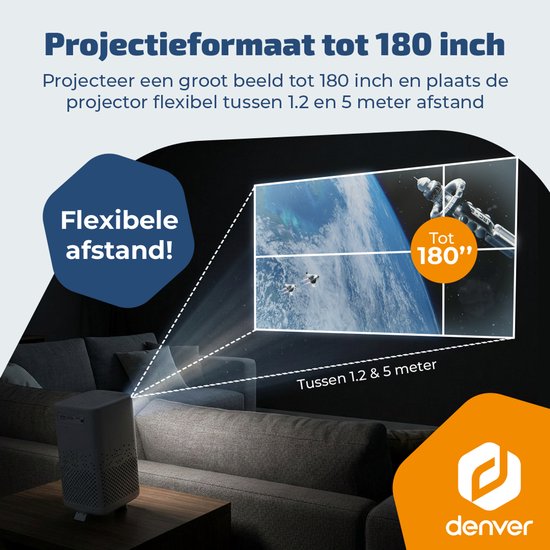 Denver Portable Beamer - 4K 3840x2160P - 150 ANSI Lumen - Projector - Ingebouwde Batterij - Thuisbioscoop - HDMI - USB-C - PR4700