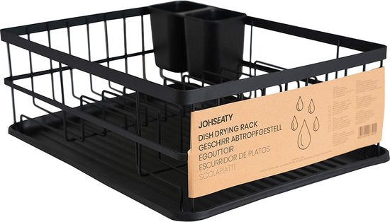 JOHSEATY serviesrek zwart mat metaal (42x31.5x15.5cm) serviesmand voor aanrecht met bestekhouder en kunststof lekbak voor op de plank