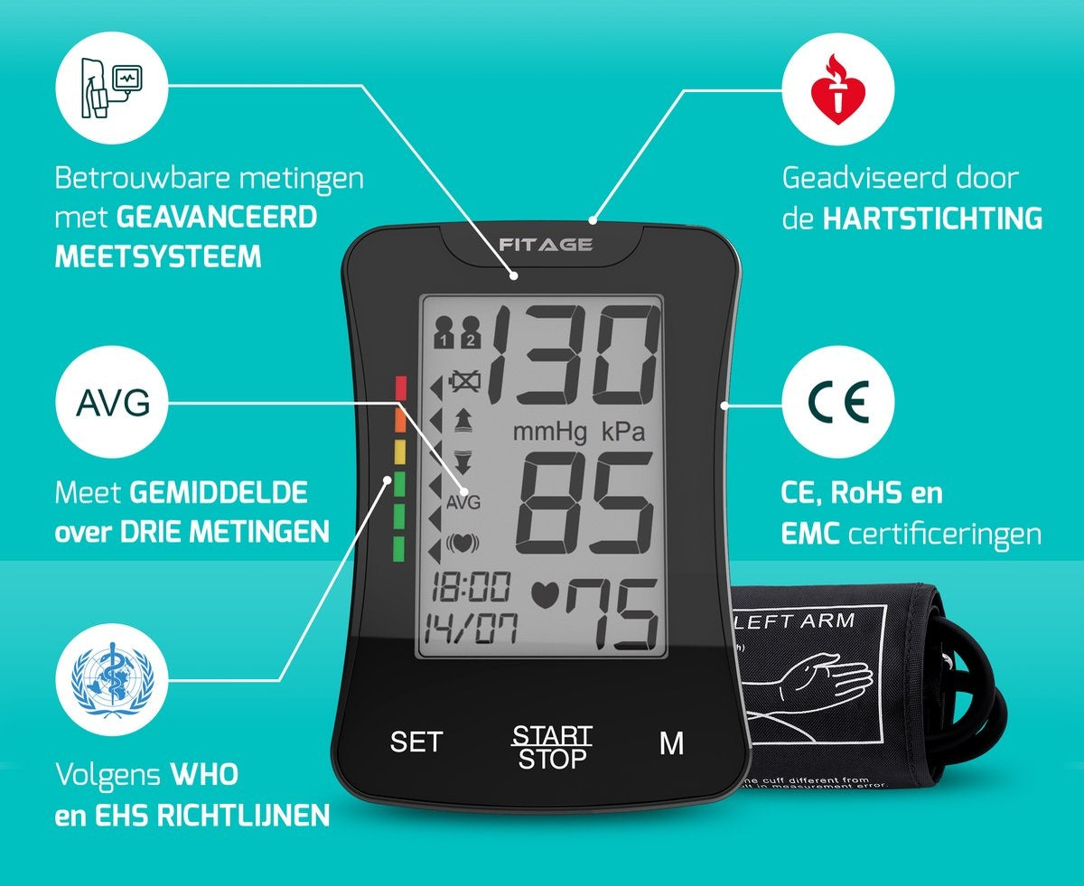 FITAGE Medische Bloeddrukmeter Bovenarm - Bloeddrukmeters - Hartslagmeter - Blood Pressure Monitor - Manchet 22-42cm