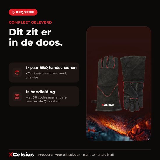 XCelsius® BBQ Handschoenen Splitleer – TÜV Gecertificeerd EN407 – Hittebestendige Barbecue Handschoenen en Ovenhandschoenen – Voor Kamado, Gietijzer, Roosters en Heat Deflectors – Cadeaus voor Mannen – 1 Paar – Zwart met Rood