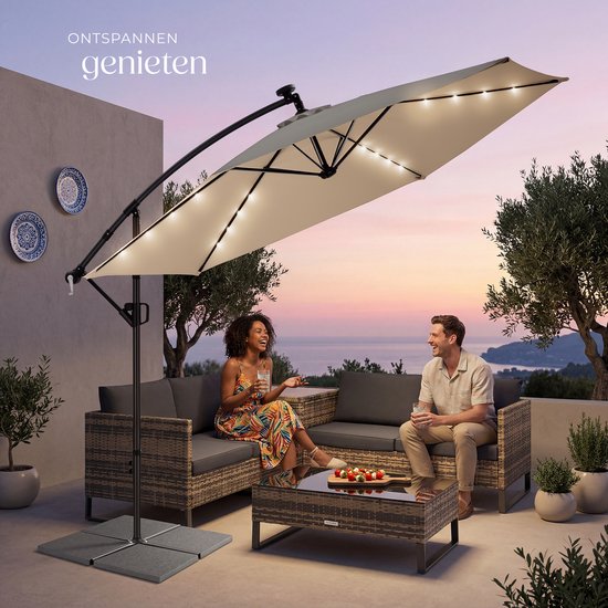 tectake® Zweefparasol met Voet - 3,5 x 3,5 m - Tuinparasol met LED-Verlichting op Zonne-Energie - Draaibaar - Waterafstotend Polyester met UV-Bescherming - Inclusief Hoes - Beige